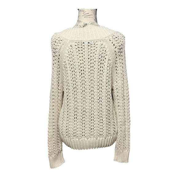 J Crew Crochet Open Knit Sweater Beige Round Neck Ribbed Trim Casual Small - Picture 6 of 8